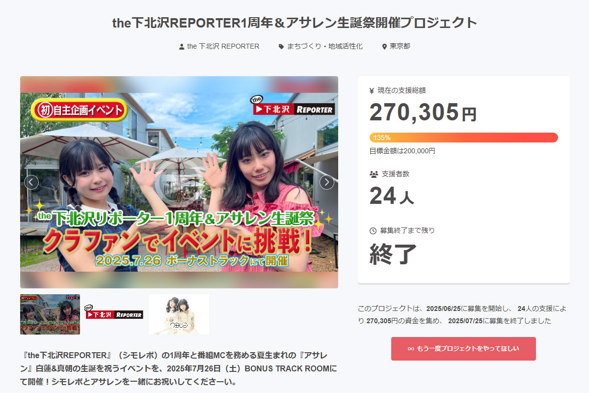 サポート実績『the下北沢REPORTER1周年＆アサレン生誕祭開催プロジェクト』